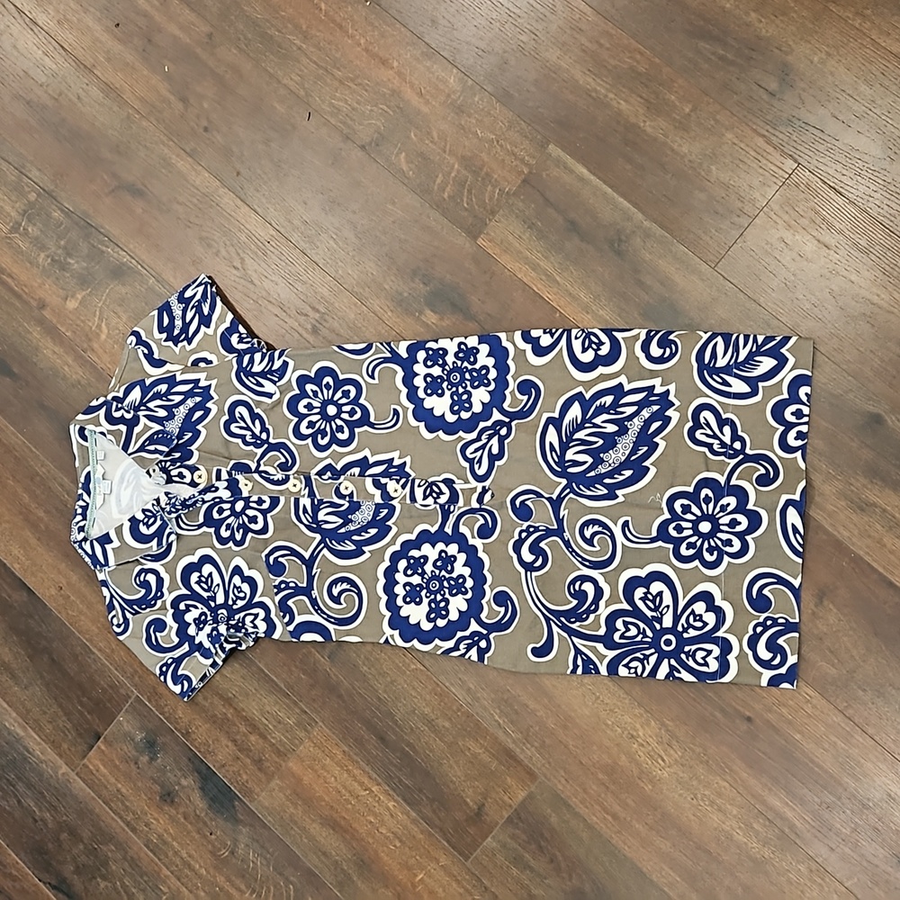 Boden taupe & Blue Bold Tropical Floral Cotton Short Sleeve Shirt Dress 2